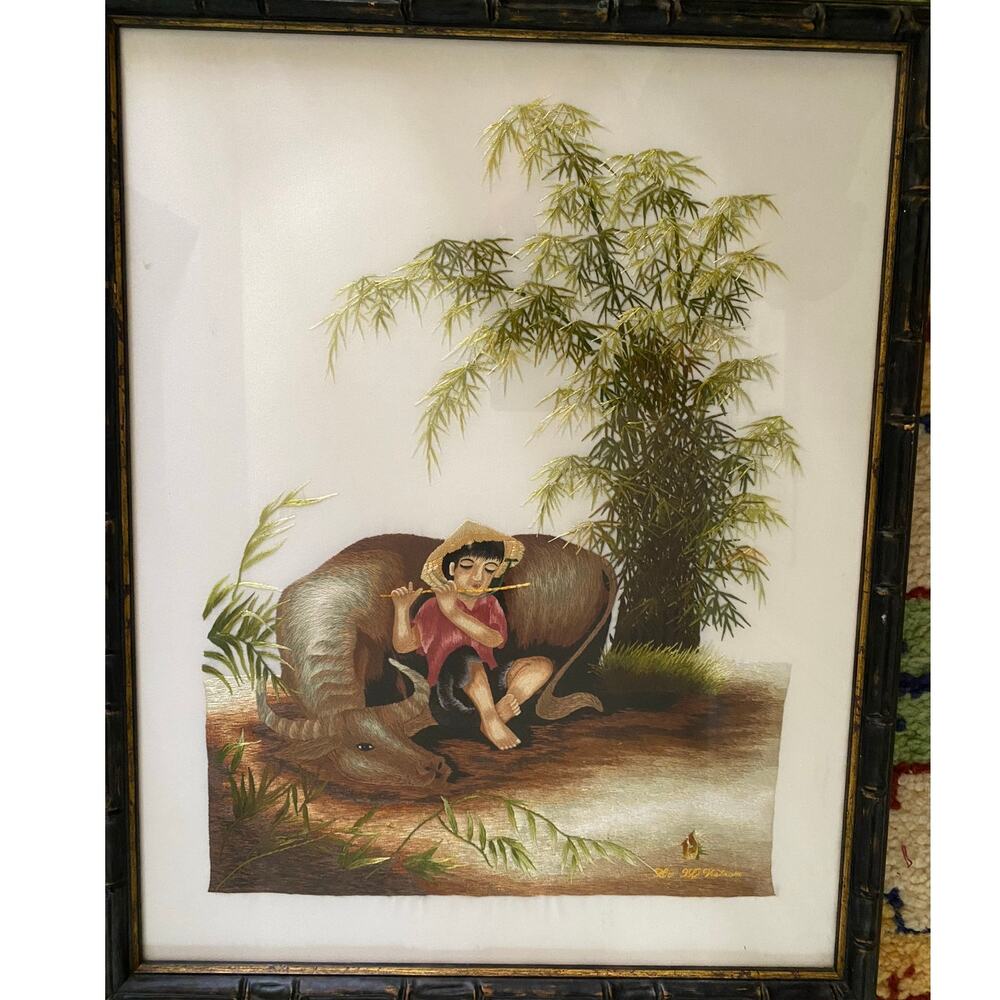 Vintage Vietnamese Hand Embroidered Silk Art‎ Picture Child playing Flute signed